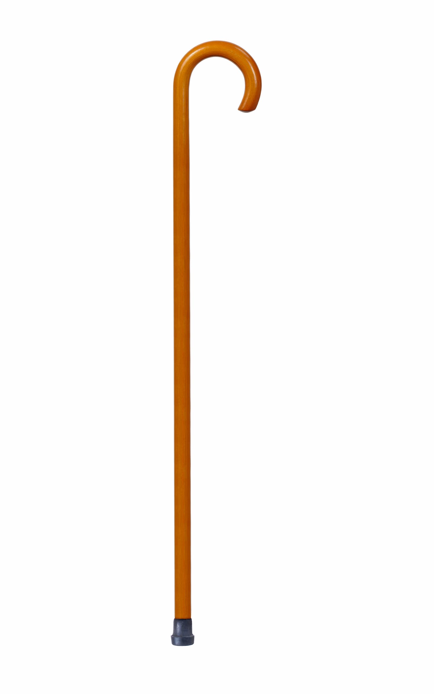 A brown wooden walking stick with curved handle in an upright position.